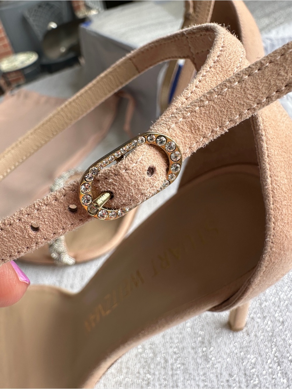 Stuart Weitzman Nude Beaded Ankle-Strap Heels - Picture 10 of 14